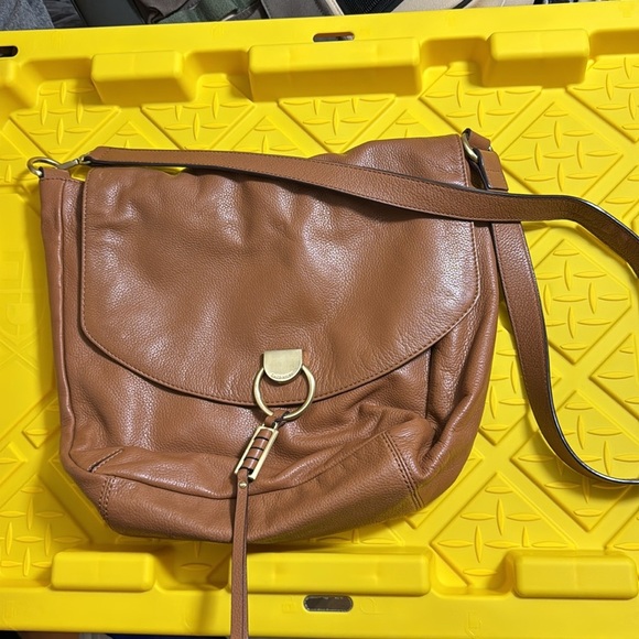 Brown Leather Crescent Shoulder Bag with Gold Accents - Picture 2 of 12